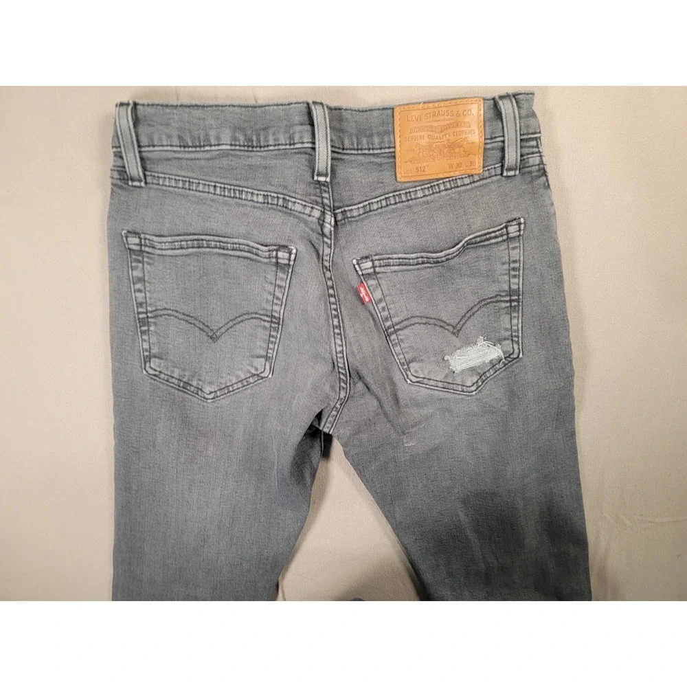 Levis Premium 512 Jeans Mens 30x30 Big E Gray Distressed Ripped Slim Taper Pants